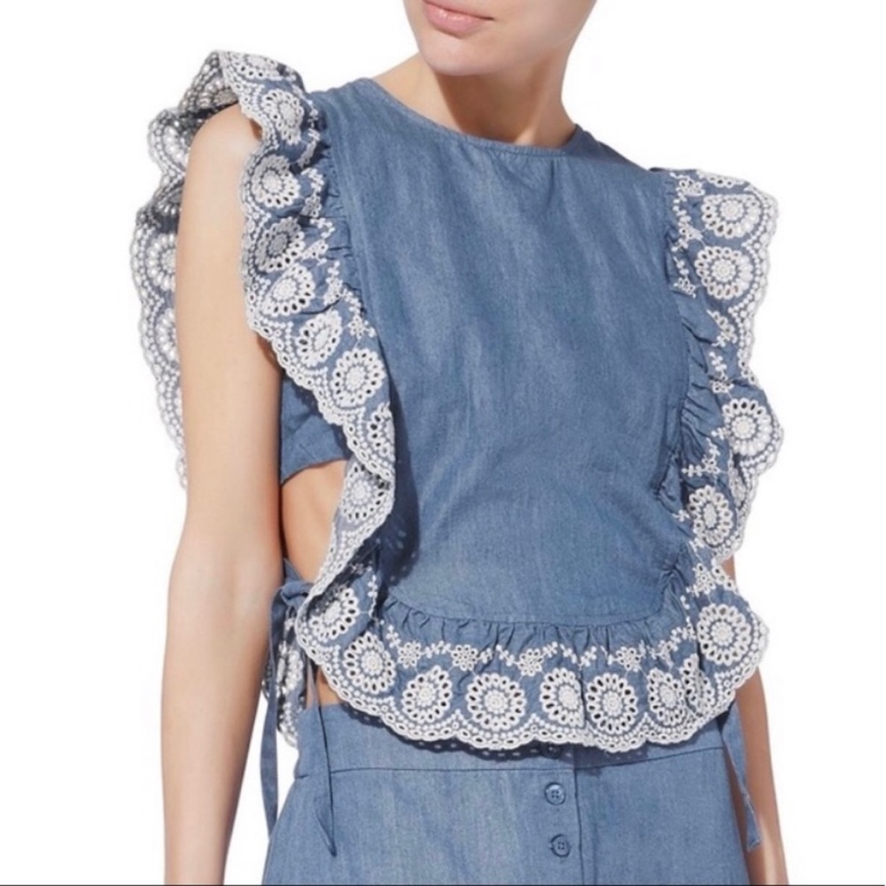 Nightcap Clothing Denim Chambray Sleeveless Embroidered Cropped Apron Top XS